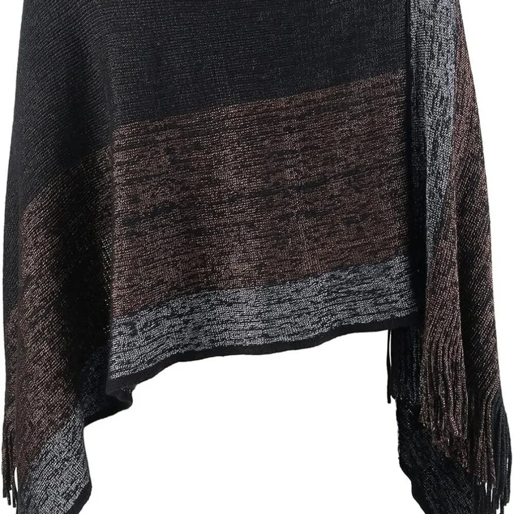 Women's Elegant Knitted Shawl Poncho with Fringed V-Neck Striped Sweater Pullove - Picture 3 of 3